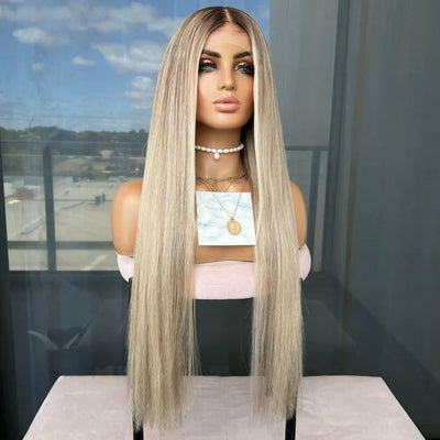 Highlight Ash Blonde Human Hair Wig Straight 13x4 Lace Front Ash Blonde Wig with Dark Roots Pre Plucked - GeetaHair