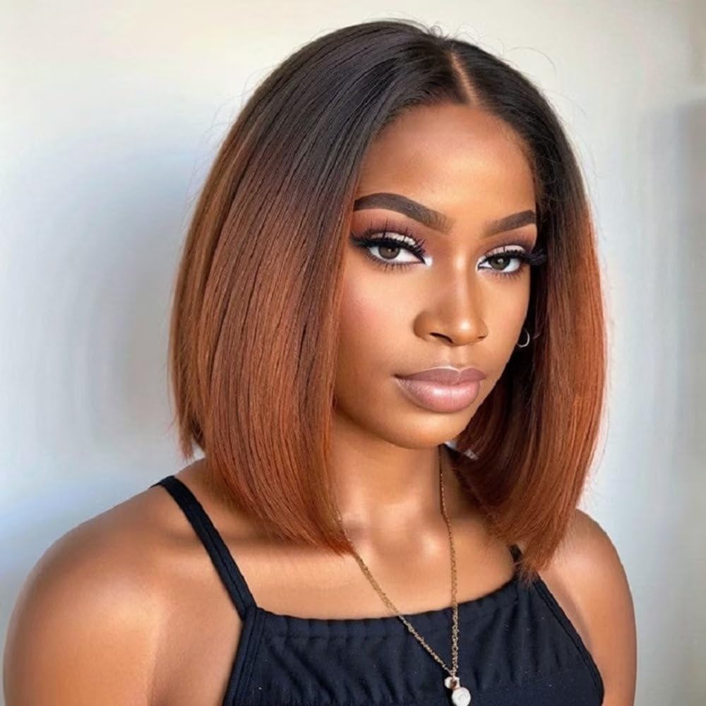 Geeta Ombre 1B/30 Brown Short Bob Glueless Wig Straight 13x4 HD Lace Front Human Hair Wigs Flash Sale - GeetaHair