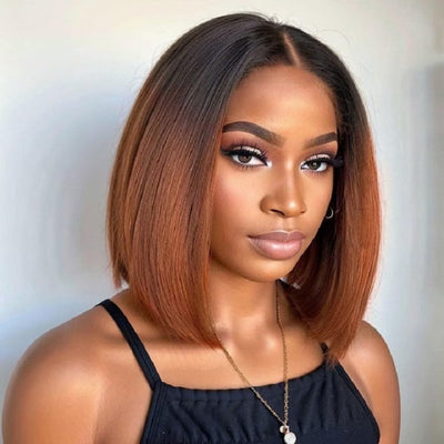 Geeta Ombre 1B/30 Brown Short Bob Glueless Wig Straight 13x4 HD Lace Front Human Hair Wigs Flash Sale - GeetaHair