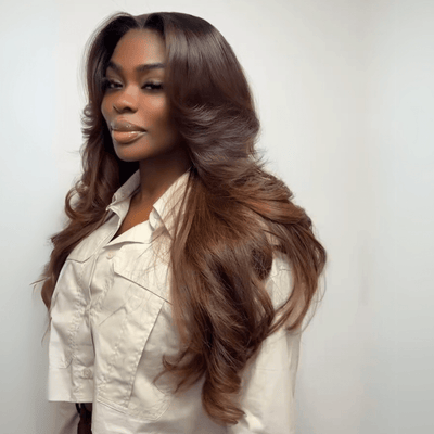 Layered Cut With Curtain Bangs Glueless Wigs Brown Higlight Long Wavy 13x4 Lace Front Human Hair Wigs 250% Density - GeetaHair