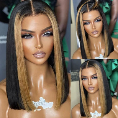 Geeta Skunk Stripe Bob Wig 13x4 Blond Highlight Straight Bob Lace Front Wigs Short Human Hair Bob Wigs - GeetaHair