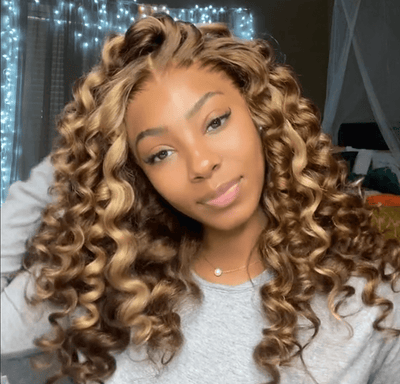 Highlight Honey Blonde Wand Curl Hair 13x4 Lace Front Wig Bouncy Loose Curly Transparent Lace Human Hair wigs - Geeta Hair - GeetaHair