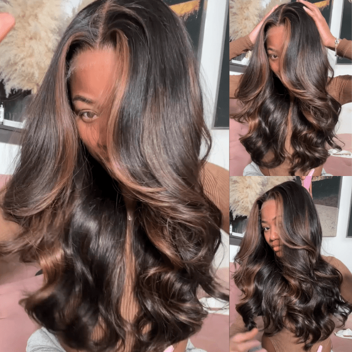 Geeta Money Piece Brown Body Wave HD Transparent Lace Front Wigs Glueless Skunk Stripe Color Human Hair Wigs - GeetaHair