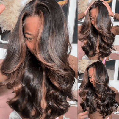 Geeta Money Piece Brown Body Wave HD Transparent Lace Front Wigs Glueless Skunk Stripe Color Human Hair Wigs - GeetaHair