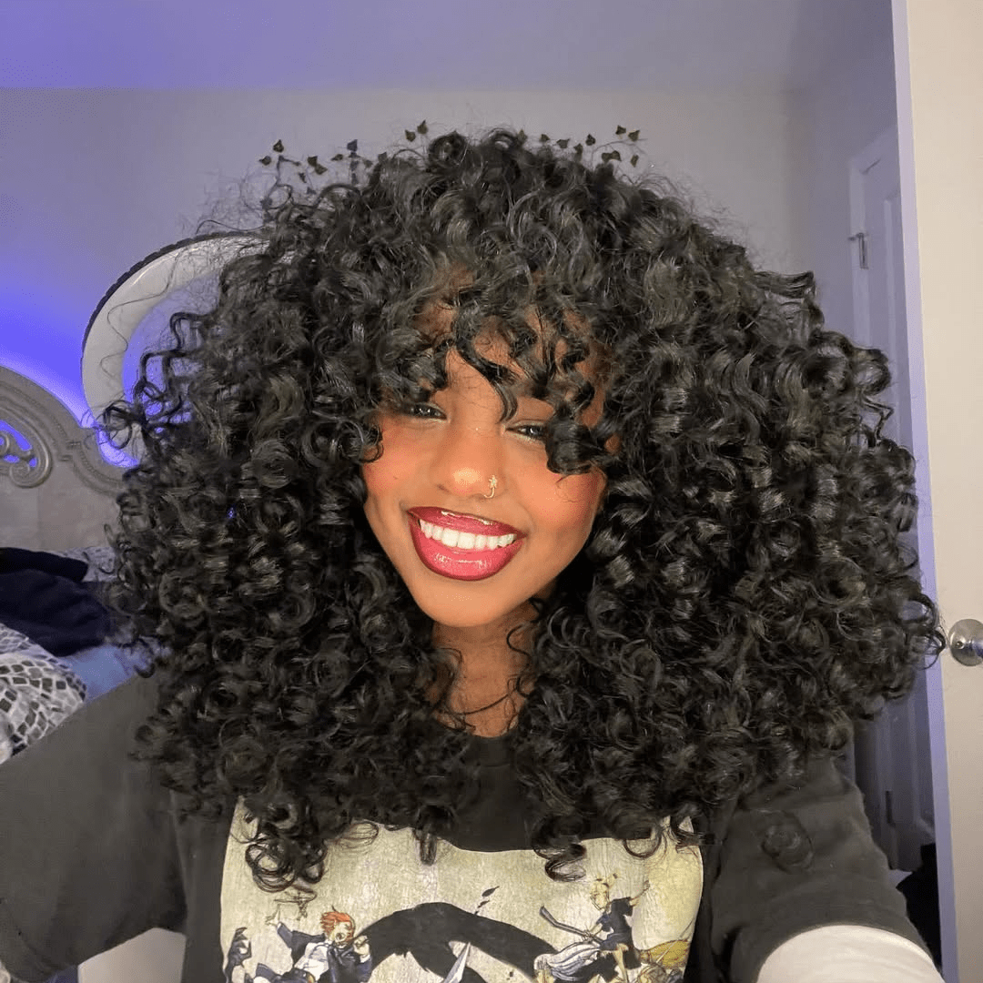 300% Density Rum Curly Afro Wig With Bangs 13x4 Lace Front Natural Curly Human Hair Wigs Pre Plucked - GeetaHair