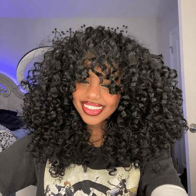 300% Density Rum Curly Afro Wig With Bangs 13x4 Lace Front Natural Curly Human Hair Wigs Pre Plucked - GeetaHair