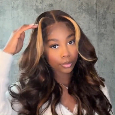 Funky Colored Wigs | Curtain Bangs Glueless Wigs Honey Blodne With Brown Highlight Body Wave HD Lace Wig - GeetaHair