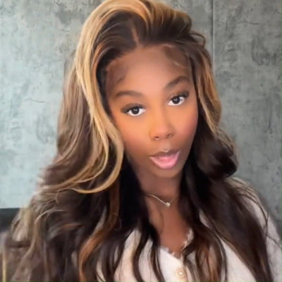 Funky Colored Wigs | Curtain Bangs Glueless Wigs Honey Blodne With Brown Highlight Body Wave HD Lace Wig - GeetaHair