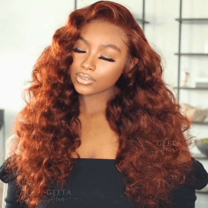 Reddish Brown Loose Deep Wave Undetectable HD Lace Front Wig Dark Auburn Pre Plucked Human Hair Wigs - Geeta Hair - GeetaHair