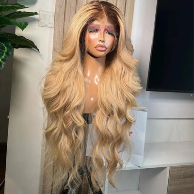 Honey Blonde Body Wave Wigs 13x4 HD Transparent Lace Front Human Hair Wig with Black Root Pre Plucked - GeetaHair