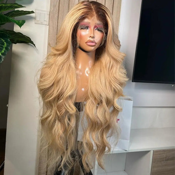 Honey Blonde Body Wave Wigs HD Lace Front Human Hair Wig with Black Root Pre Plucked Daily Deal