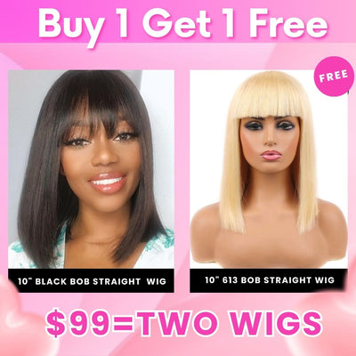 Bogo Sale: $99= 10" Bob Straight Wig With Bangs Natural Color + 10" Bob Straight Wig With Bangs Ombre Color - GeetaHair