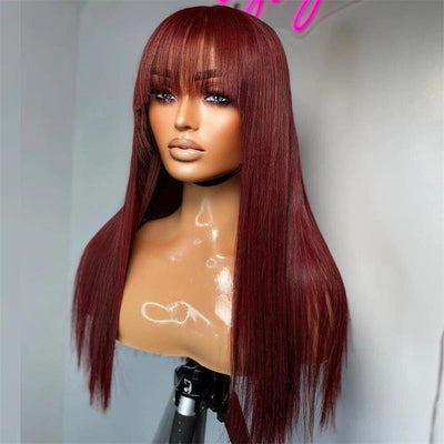 Glueless Long Straight Hair With Bangs Burgundy Wig Human Hair Wig - Geeta Hair - GeetaHair