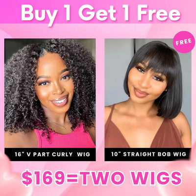 Bogo Sale: $179=V Part Curly 16" Wig + 10" Bob Straight Wig With Bangs - GeetaHair