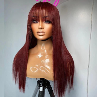 Glueless Long Straight Hair With Bangs Burgundy Wig Human Hair Wig - Geeta Hair - GeetaHair