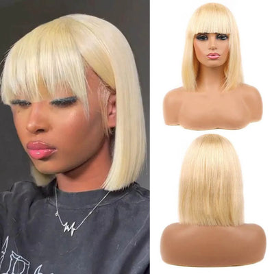 Bogo Sale: $99= 10" Bob Straight Wig With Bangs Natural Color + 10" Bob Straight Wig With Bangs Ombre Color - GeetaHair