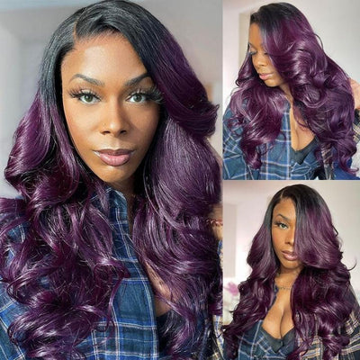 Funky Colored Wigs | Smokey Deep Purple 13x4 Lace Front Body Wave Wig With Black Roots Ombre Colored HD Lace Human Hair Wigs - Geeta Hair - GeetaHair