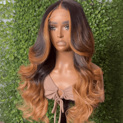 Honey Blonde Balayage Glueless Wigs 13x4 Body Wave Lace Front Human Hair Wigs Ombre Colored Wigs 250% Density - GeetaHair