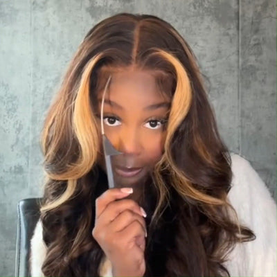 Funky Colored Wigs | Curtain Bangs Glueless Wigs Honey Blodne With Brown Highlight Body Wave HD Lace Wig - GeetaHair
