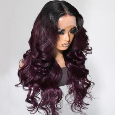 Funky Colored Wigs | Smokey Deep Purple 13x4 Lace Front Body Wave Wig With Black Roots Ombre Colored HD Lace Human Hair Wigs - Geeta Hair - GeetaHair