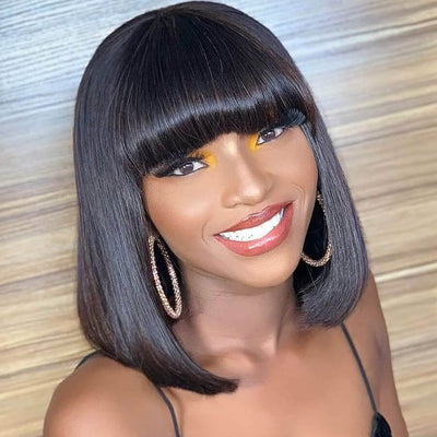 Bogo Sale: $99= 10" Bob Straight Wig With Bangs Natural Color + 10" Bob Straight Wig With Bangs Ombre Color - GeetaHair
