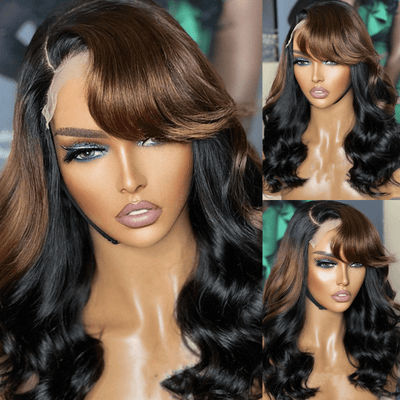 Funky Colored Wigs | Glueless 13x4/6x4.5 Money Piece Brown Mix Black Loose Wave Pre Cut HD Transaparent Lace Human Hair Wigs - Geeta Hair - GeetaHair