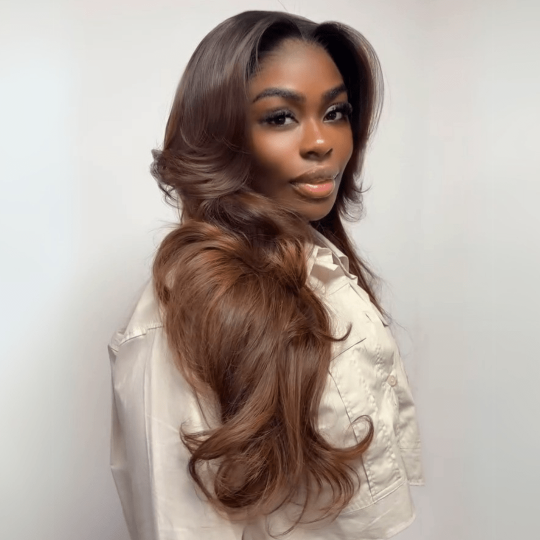 Layered Cut With Curtain Bangs Glueless Wigs Brown Higlight Long Wavy 13x4 Lace Front Human Hair Wigs 250% Density - GeetaHair