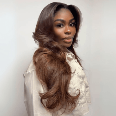 Layered Cut With Curtain Bangs Glueless Wigs Brown Higlight Long Wavy 13x4 Lace Front Human Hair Wigs 250% Density - GeetaHair