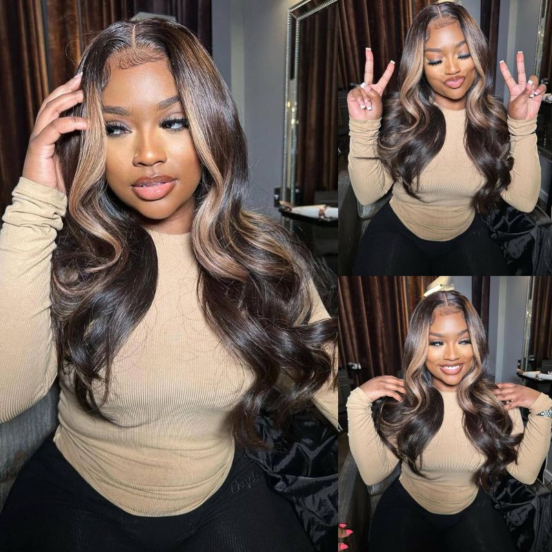 Geeta Money Piece Brown Body Wave HD Transparent Lace Front Wigs Glueless Skunk Stripe Color Human Hair Wigs - GeetaHair