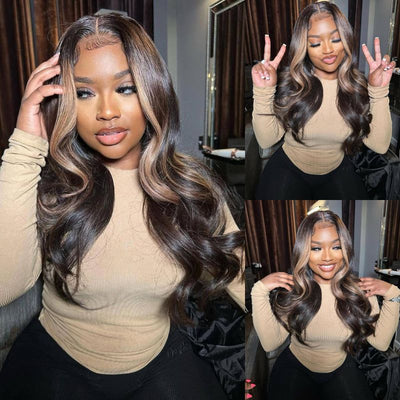 Geeta Money Piece Brown Body Wave HD Transparent Lace Front Wigs Glueless Skunk Stripe Color Human Hair Wigs - GeetaHair