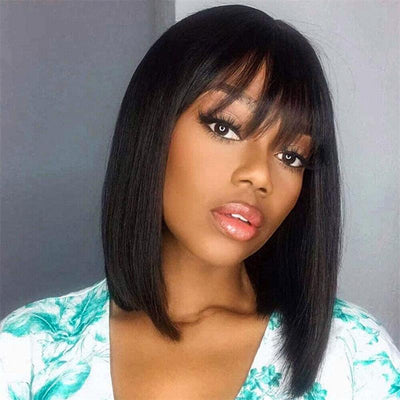Flash Sale Glueless Real Human Hair Wig Short Straight Hair Bob Wig With Bangs Black Color - Geeta Hair - GeetaHair
