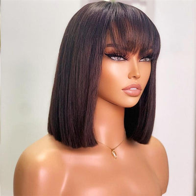 Flash Sale Glueless Real Human Hair Wig Short Straight Hair Bob Wig With Bangs Black Color - Geeta Hair - GeetaHair