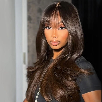 Curtain Bangs Glueless Wigs Chocolate Brown Natural Wave 13x4 HD Lace Wig Natural Wave Pre Plucked Wig With Bangs - GeetaHair