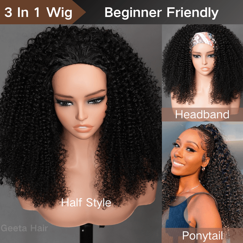 [3 In 1 Half Wig] Geeta Kinky Curly Coily Half Wig Invisible Drawstring Glueless Flip Over Wig Flash Sale - GeetaHair