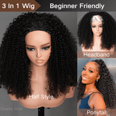 [3 In 1 Half Wig] Geeta Kinky Curly Coily Half Wig Invisible Drawstring Glueless Flip Over Wig Flash Sale - GeetaHair