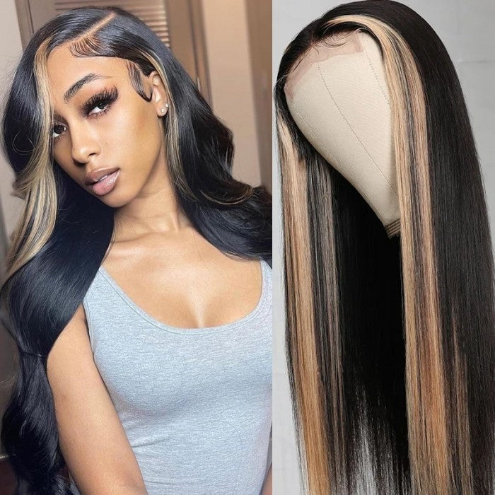 Graduation Season Special 38% Off Highlight Ombre TL/27 Skunk Stripe Bone Straight Hair Wig 13x4 HD Lace Front Human Hair Wigs