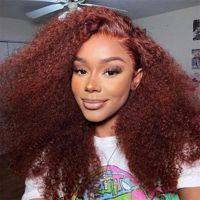 Wear Go Glueless Reddish Brown Kinky Curly Lace Front Wig 180% Density Breathable Wig-Geeta Hair