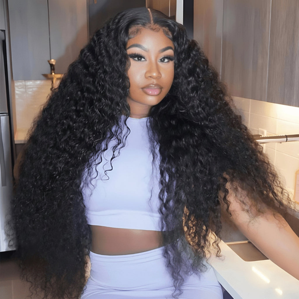 GeetaHair Deep Curly Glueless Transparent Lace Front Wig Pre Plucked Brazilian Human Hair Wig