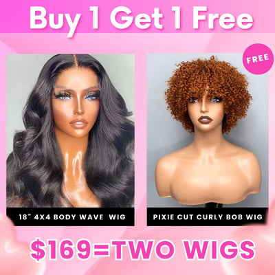 Bogo Sale: $169= 18" Body Wave 4x4 Lace Wig + Pixie Cut Color Bob Wig - GeetaHair