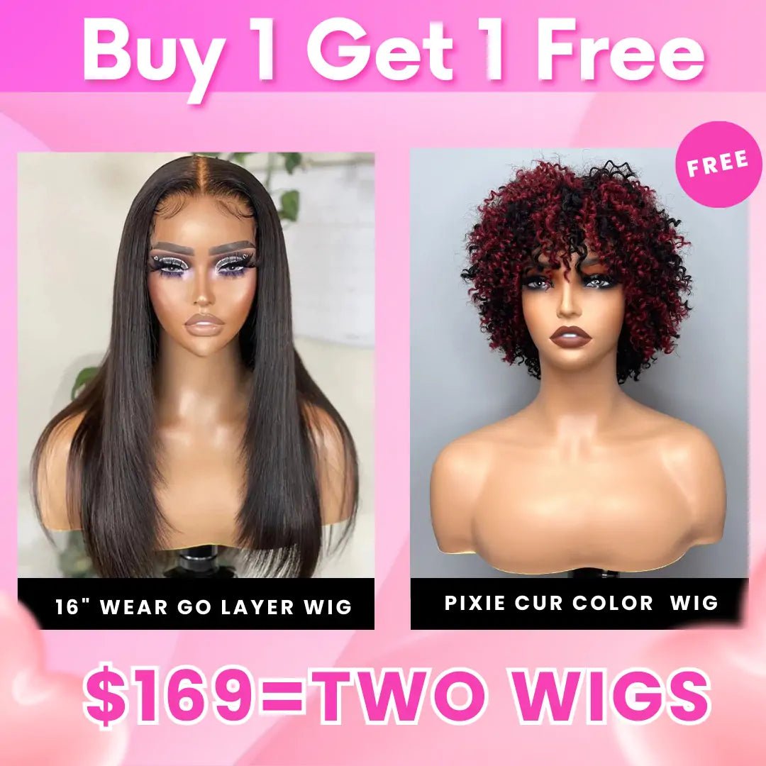 Bogo Sale: $169= 16" Wear Go Glueless Layer Straight Wig + Pixie Cut Color Bob Wig - GeetaHair