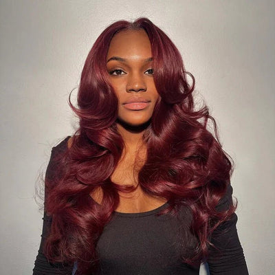 Geeta Curtain Bangs Glueless Wigs 99J Burgundy Body Wave Human Hair Wig Wear Go HD Lace Wig - GeetaHair