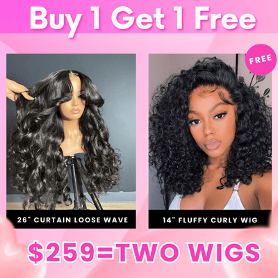 Bogo Sale $259= 26" Curtain Bang Loose Wave Wig + 14" Kinky Curly Bob Wig - GeetaHair