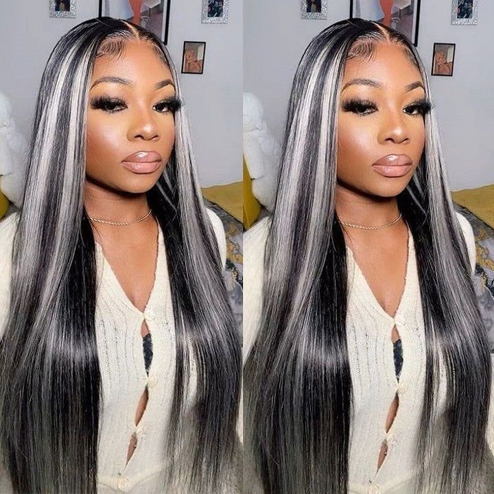 Platinum Gray Highlight 13x4 HD Lace Wig Straight Hair Black With Blond Highlights Lace Front Wig Plucked Natural Hairline With Baby Hair - Geeta Hair - GeetaHair