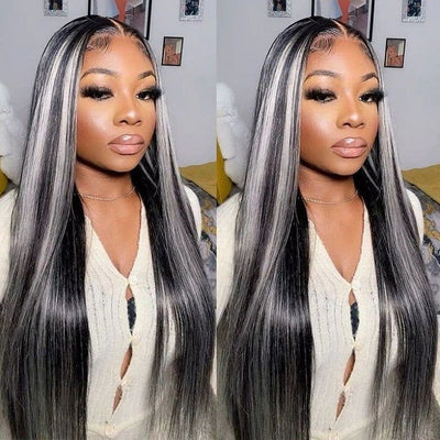Platinum Gray Highlight 13x4 HD Lace Wig Straight Hair Black With Blond Highlights Lace Front Wig Plucked Natural Hairline With Baby Hair - Geeta Hair - GeetaHair