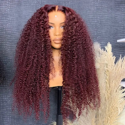 99j Burgundy Hair 13x4 HD Lace Kinky Curly Lace Front Wig Glueless 4x4 Lace Closure Wig Pre Plucked Human Hair Wigs - Geeta Hair - GeetaHair