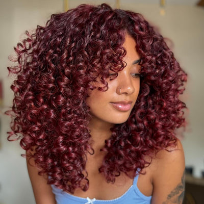 Geeta 300% Density Lazy Girl Glueless Wigs Ginger Brown Bouncy Wave 13x4 Lace Front Human Hair Wigs Brown Black Hair Root Curly Wig With Bangs - GeetaHair