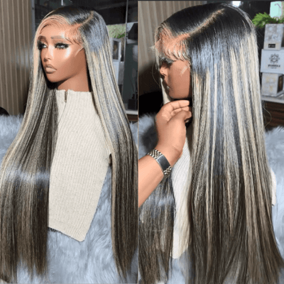 Glueless Platinum Gray Highlight Silky Straight Human Hair Wigs - Geeta Hair - GeetaHair