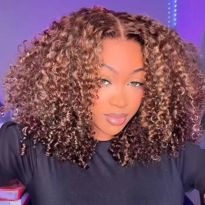 Wear And Go Glueless Wigs Highlight Brown Kinky Curly Bob Wigs Short Curly Human Hair 13x4 Lace Front Wig Pre Plucked 250% Density No Code Needed - GeetaHair
