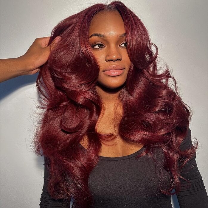 Geeta Curtain Bangs Glueless Wigs 99J Burgundy Body Wave Human Hair Wig Wear Go HD Lace Wig - GeetaHair