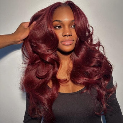 Geeta Curtain Bangs Glueless Wigs 99J Burgundy Body Wave Human Hair Wig Wear Go HD Lace Wig - GeetaHair